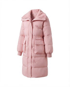 Women's long padded coat with Sherpa shawl collar, waist drawstring, and large flap pockets