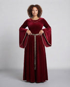 Women elegant velvet dress with wide sleeve and decorative belt Fashion Glam