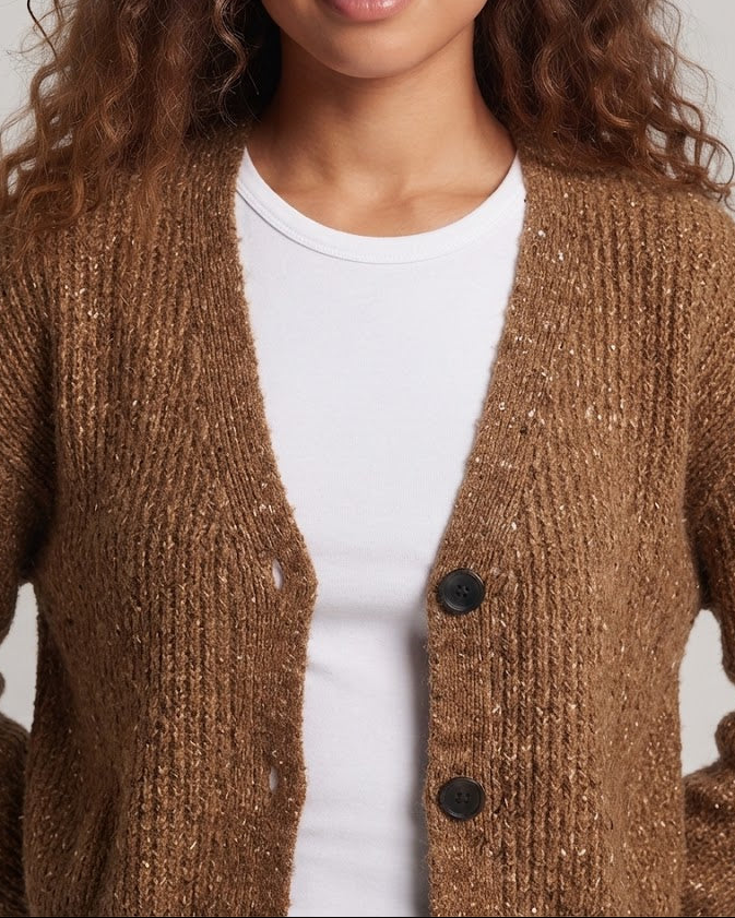 Women Chunky Knit Short Cardigan with V-Neck and Mélange Structure Mix Fashion Glam