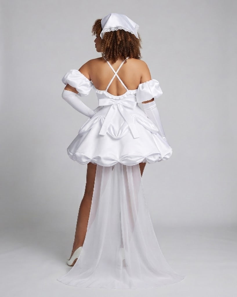Women's Bridal Cosplay Dress with Sleeve Appliqués and Elaborate Ruffles Fashion Glam