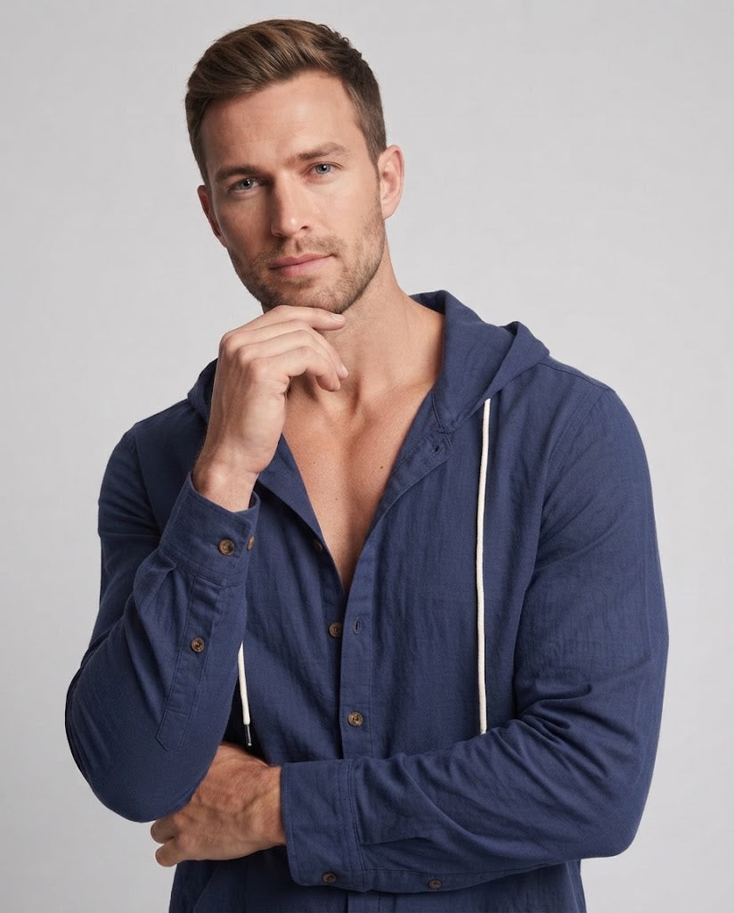 Herren Leichtes Kapuzenhemd-Jacke aus Leinenoptik mit Knopfleiste und Kängurutasche Fashion Glam
