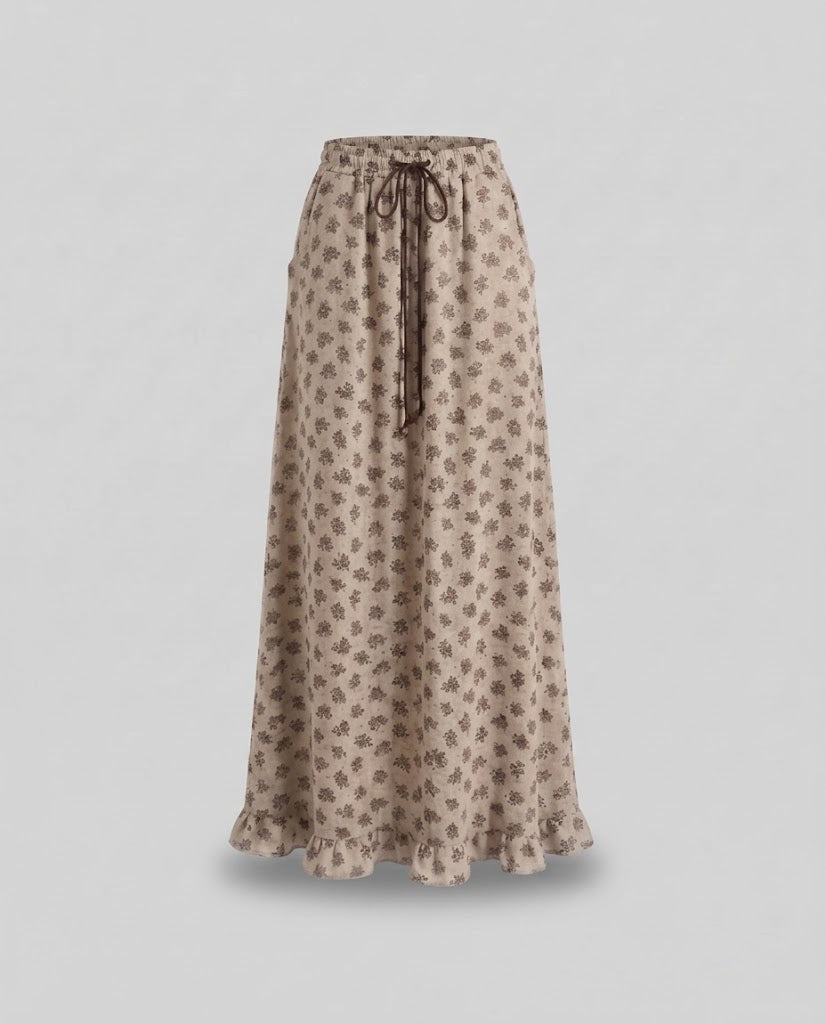 Ladies Patterned Maxi Knit Skirt with Drawstring and Ruffled Hem Fashion Glam