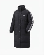 Women's longer street style quilted coat with hood trim, contrast stripes on the sleeves and concealed two-way zipper