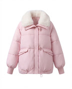 Women's modern oversized puffer with voluminous teddy collar, concealed two-way zipper and adjustable hem