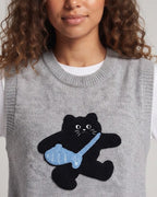 Women Knitted Sleeveless Vest with Embroidered Cat Motif and Ribbed Cuffs Fashion Glam