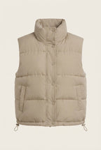 Ladies' puffy insulation vest with square construction and high stand-up collar