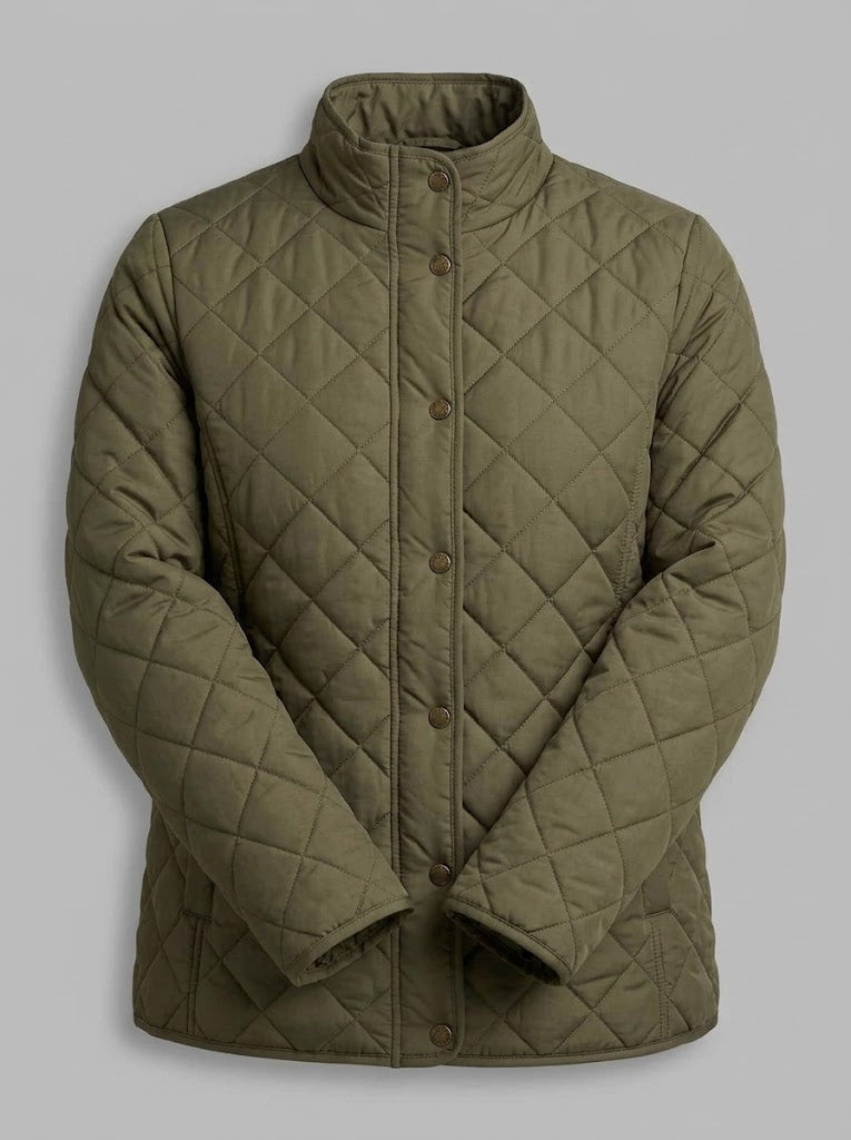 Women's Quilted Short Jacket with Diamond Stitching, Round Neck and Flap Pockets Fashion Glam