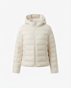 Women nan minimalist short thermo quilted jacket with ergonomic hood, tailored seam design and windproof outer shell