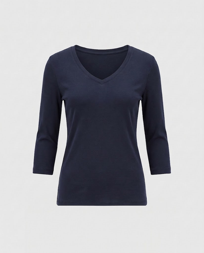 Women Fitted V-neck Fine Knit Long Sleeve with Three Quarter Sleeves Fashion Glam