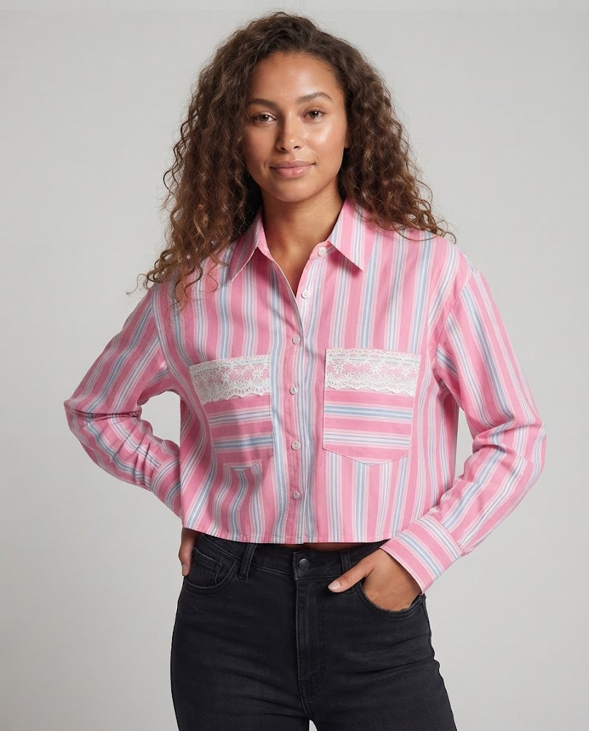 Women Cropped Shirt Blouse in Oversized Look with Lace Application Fashion Glam