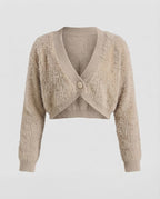 Ladies short cardigan made of fluffy faux fur knit with deep V-neck and decorative button Fashion Glam