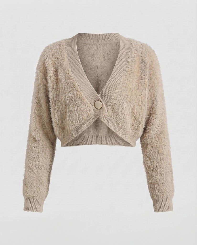 Ladies short cardigan made of fluffy faux fur knit with deep V-neck and decorative button Fashion Glam