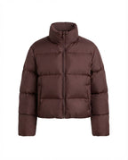 Women's ultra-lightweight hoodless oversized puffer with high standing collar, silent outer shell, and thermally insulating padding