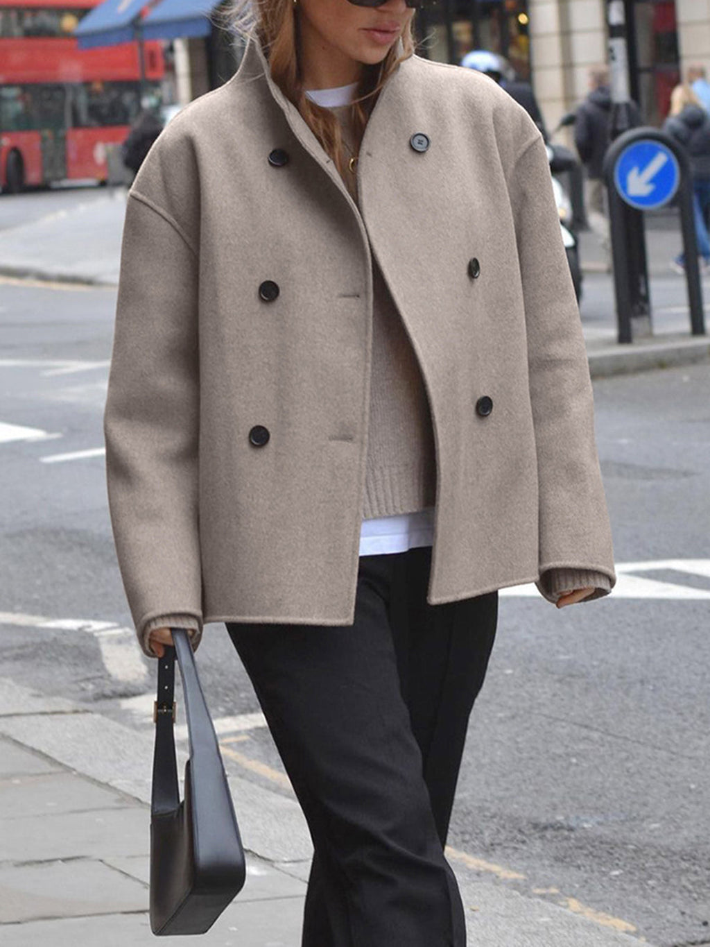 Fashion Glam | Short Wool Jacket with Double Button Line Wool Blend Modern and Warm