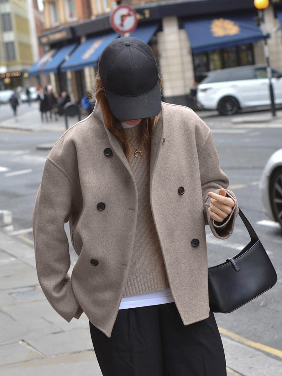 Fashion Glam | Short Wool Jacket with Double Button Line Wool Blend Modern and Warm