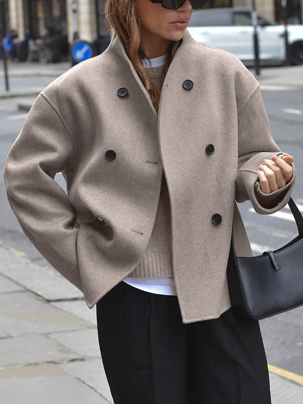 Fashion Glam | Short Wool Jacket with Double Button Line Wool Blend Modern and Warm