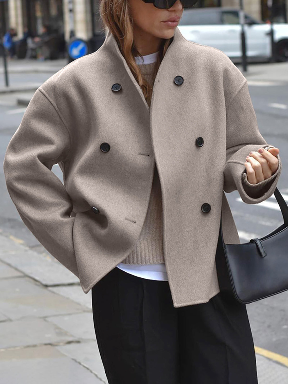 Fashion Glam | Short Wool Jacket with Double Button Line Wool Blend Modern and Warm