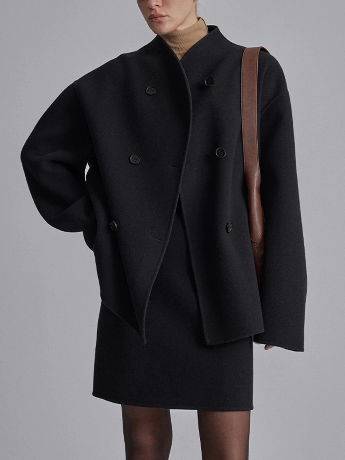 Fashion Glam | Short Wool Jacket with Double Button Line Wool Blend Modern and Warm