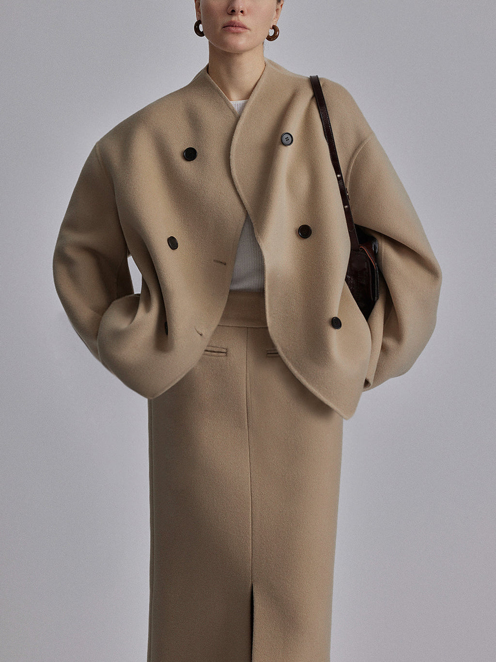 Fashion Glam | Short Wool Jacket with Double Button Line Wool Blend Modern and Warm