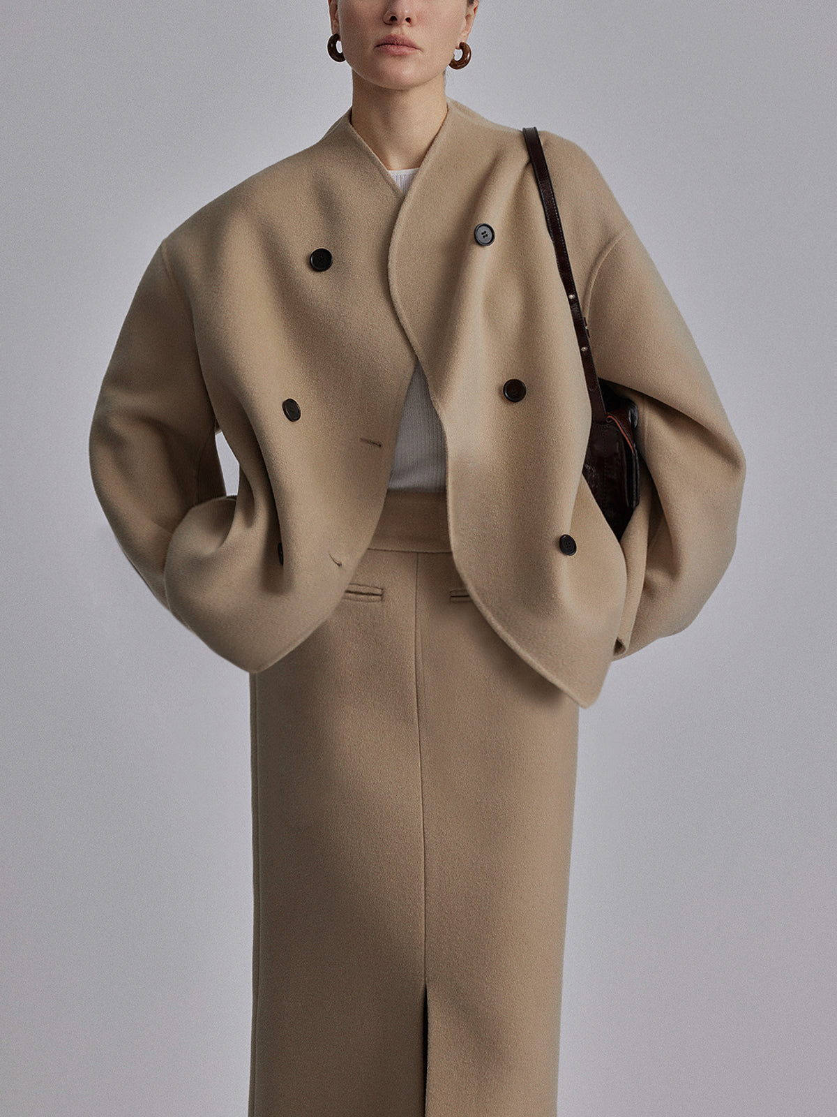 Fashion Glam | Short Wool Jacket with Double Button Line Wool Blend Modern and Warm