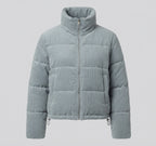 Women's short cord puffer with voluminous shawl collar, concealed snap button placket, and warming thermal lining