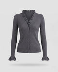 Women's Tailored Fine Knit Cardigan with Ruffle Hem at Collar and Sleeves Fashion Glam
