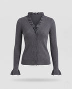 Women's Tailored Fine Knit Cardigan with Ruffle Hem at Collar and Sleeves Fashion Glam