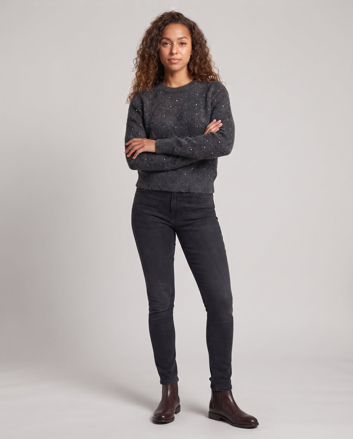Women Short Plush Sweater with Subtle Glitter Effect and Round Neckline Fashion Glam