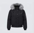 Women's short quilted city bomber with voluminous hood, drawstring, and windproof thermal lining