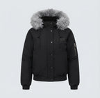 Women's short quilted city bomber with voluminous hood, drawstring, and windproof thermal lining