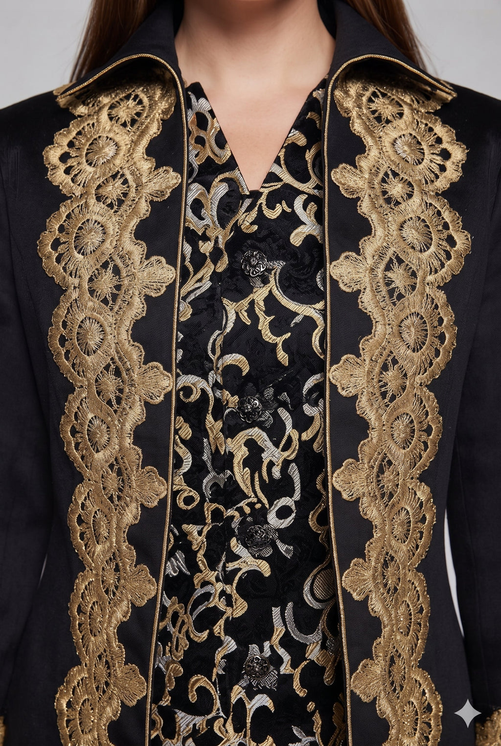 Women's elegant tailcoat with fine gold embroidery and asymmetrical hem Fashion Glam