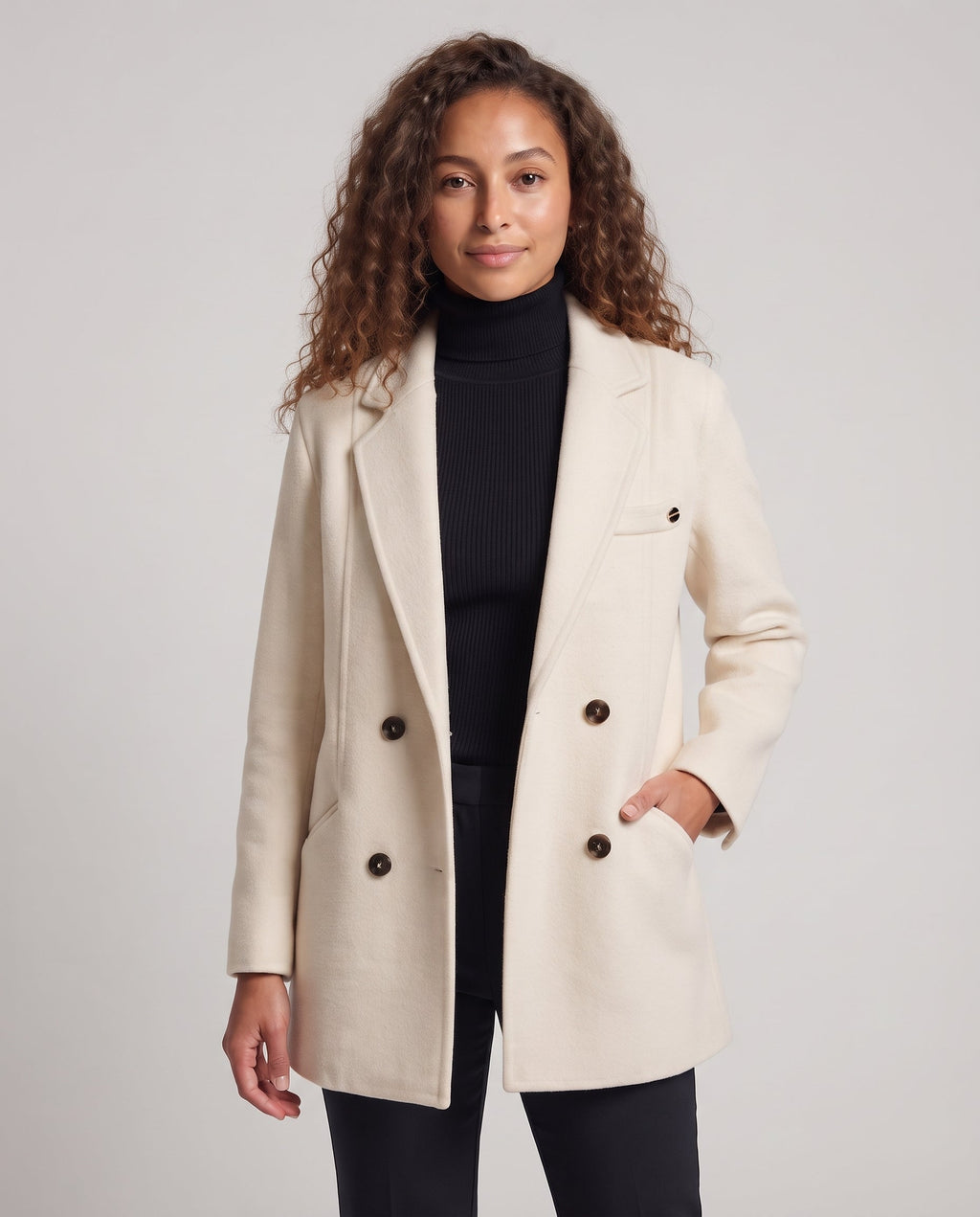 Women Double-breasted Wool Blend Short Coat with Breast Strap and Clean Lapel Fashion Glam