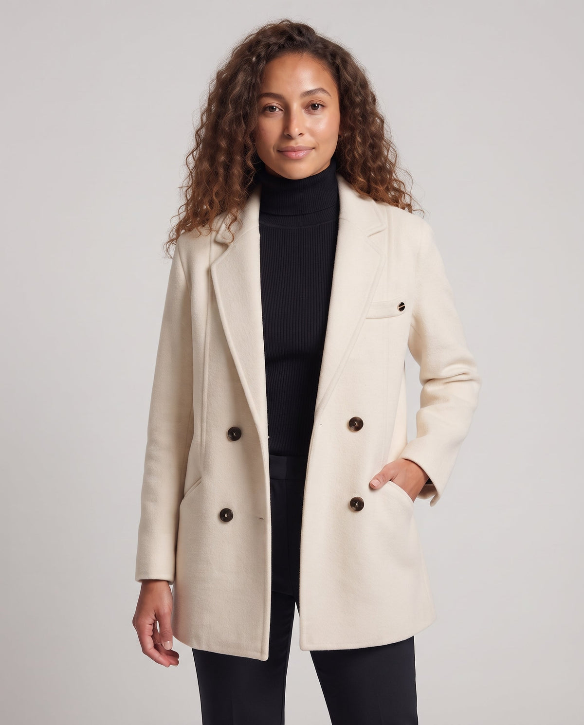 Women Double-breasted Wool Blend Short Coat with Breast Strap and Clean Lapel Fashion Glam