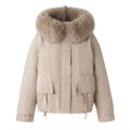 Women's short insulation jacket in boxy cut with voluminous faux fur trim and functional flap pockets