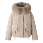 Women's short insulation jacket in boxy cut with voluminous faux fur trim and functional flap pockets