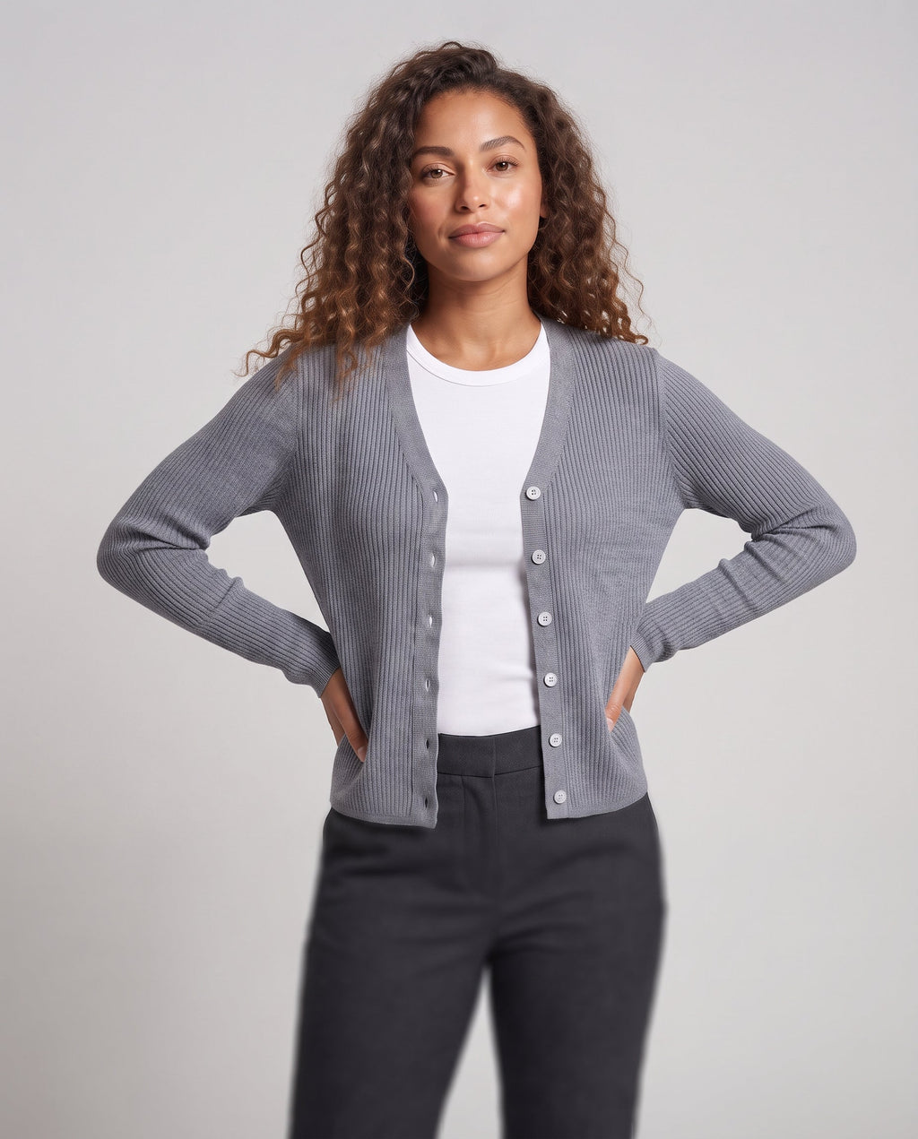 Women fine knit cardigan with ribbed texture, V-neck and continuous button placket Fashion Glam