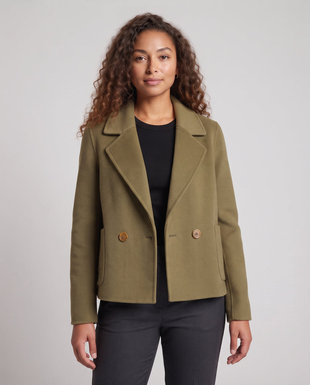 Women's short blazer jacket made of wool blend in boxy cut with double button front Fashion Glam
