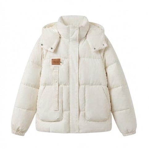 Women's short-cut oversized winter parka with padded cargo pockets and high-closure stand-up collar