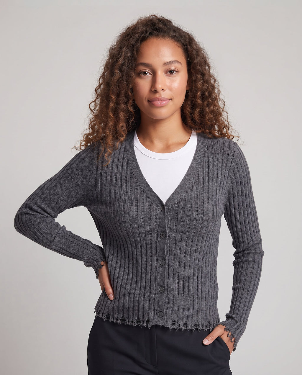 Women Fine Ribbed Cardigan with V-Neck and Button Placket Fashion Glam