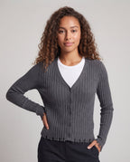 Women Fine Ribbed Cardigan with V-Neck and Button Placket Fashion Glam