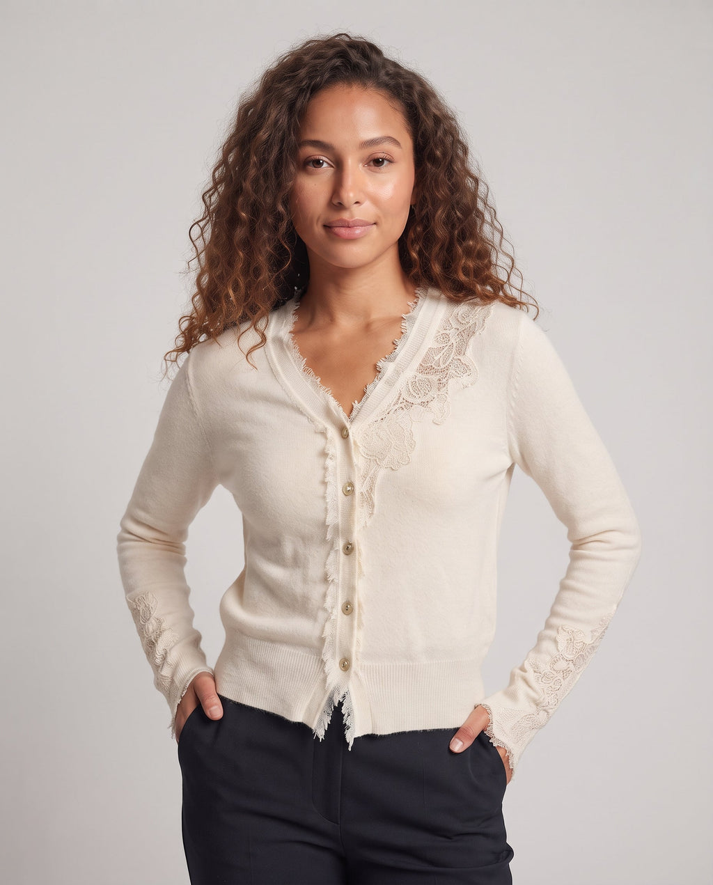 Women's fine knit cardigan with lace trim and frayed cuffs Fashion Glam