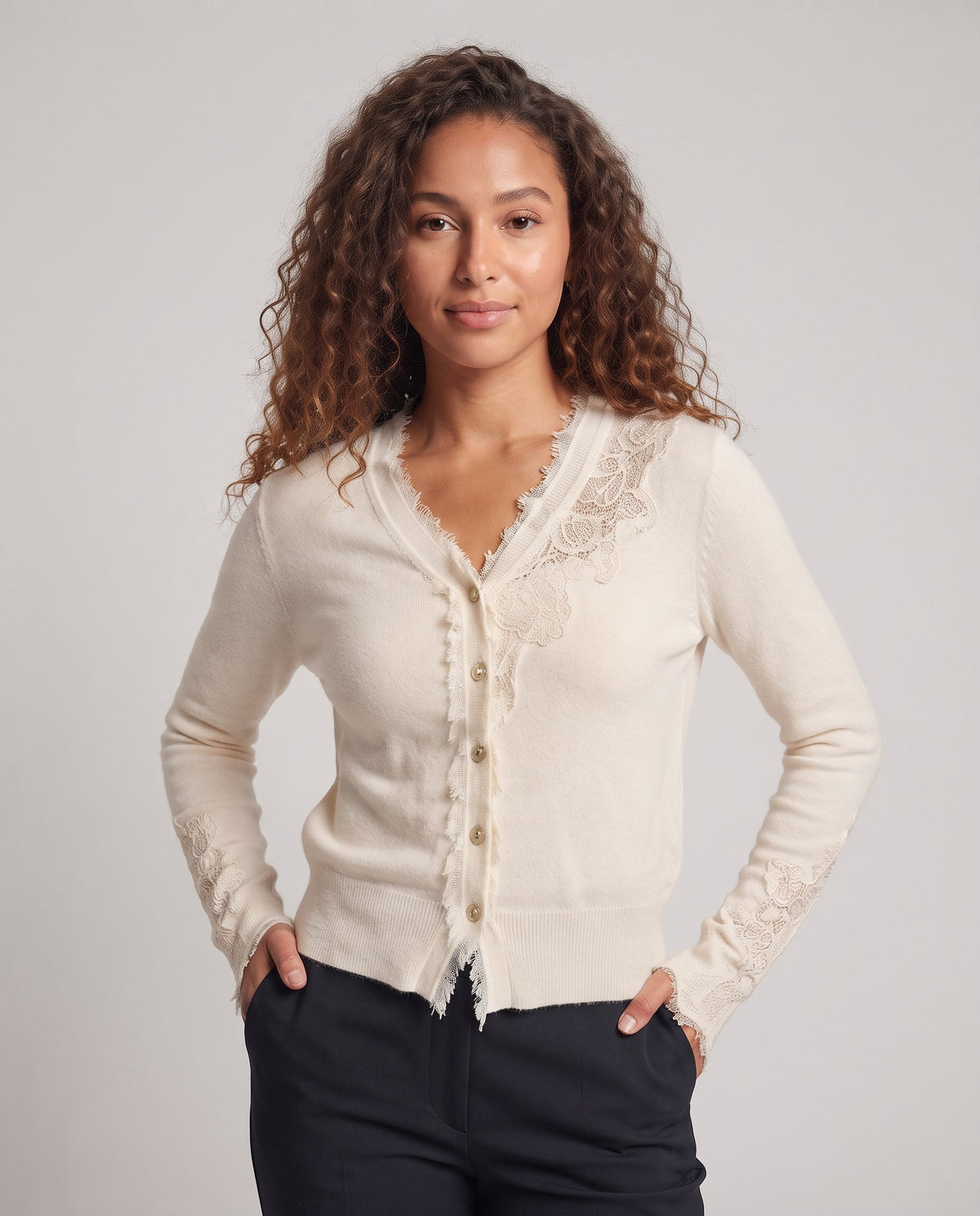 Women's fine knit cardigan with lace trim and frayed cuffs Fashion Glam