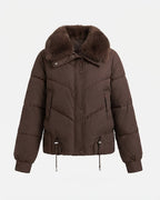 Women's short boxy puffer with extra-soft shawl collar in faux fur look and adjustable hem