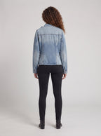 Women Tailored Utility Denim Jacket with Stand Collar and Flap Pockets Fashion Glam