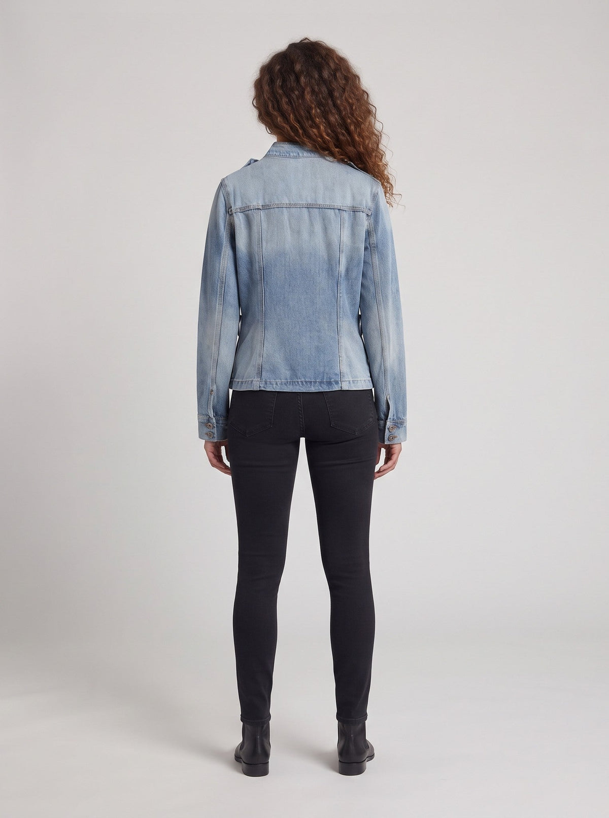 Women Tailored Utility Denim Jacket with Stand Collar and Flap Pockets Fashion Glam