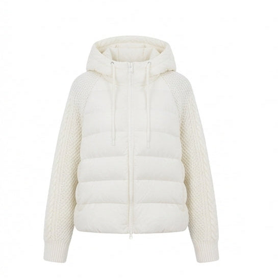 Women's short-cut quilted hybrid jacket with knit sleeves and hood