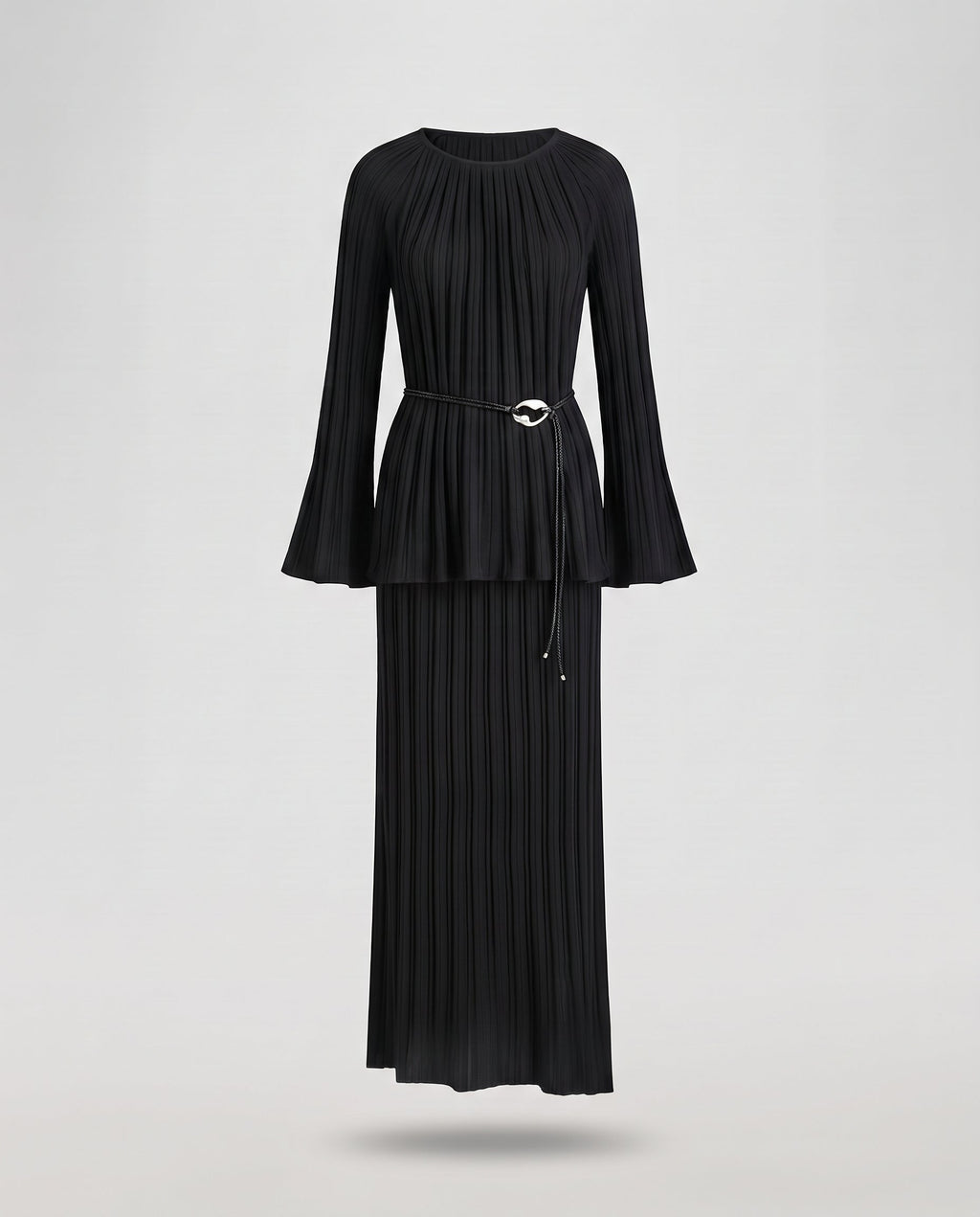 Women's Two-Piece Fine Knit Set with Pleated Peplum Top and Maxi Pleated Skirt Fashion Glam