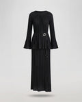 Women's Two-Piece Fine Knit Set with Pleated Peplum Top and Maxi Pleated Skirt Fashion Glam