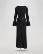 Women's Two-Piece Fine Knit Set with Pleated Peplum Top and Maxi Pleated Skirt Fashion Glam