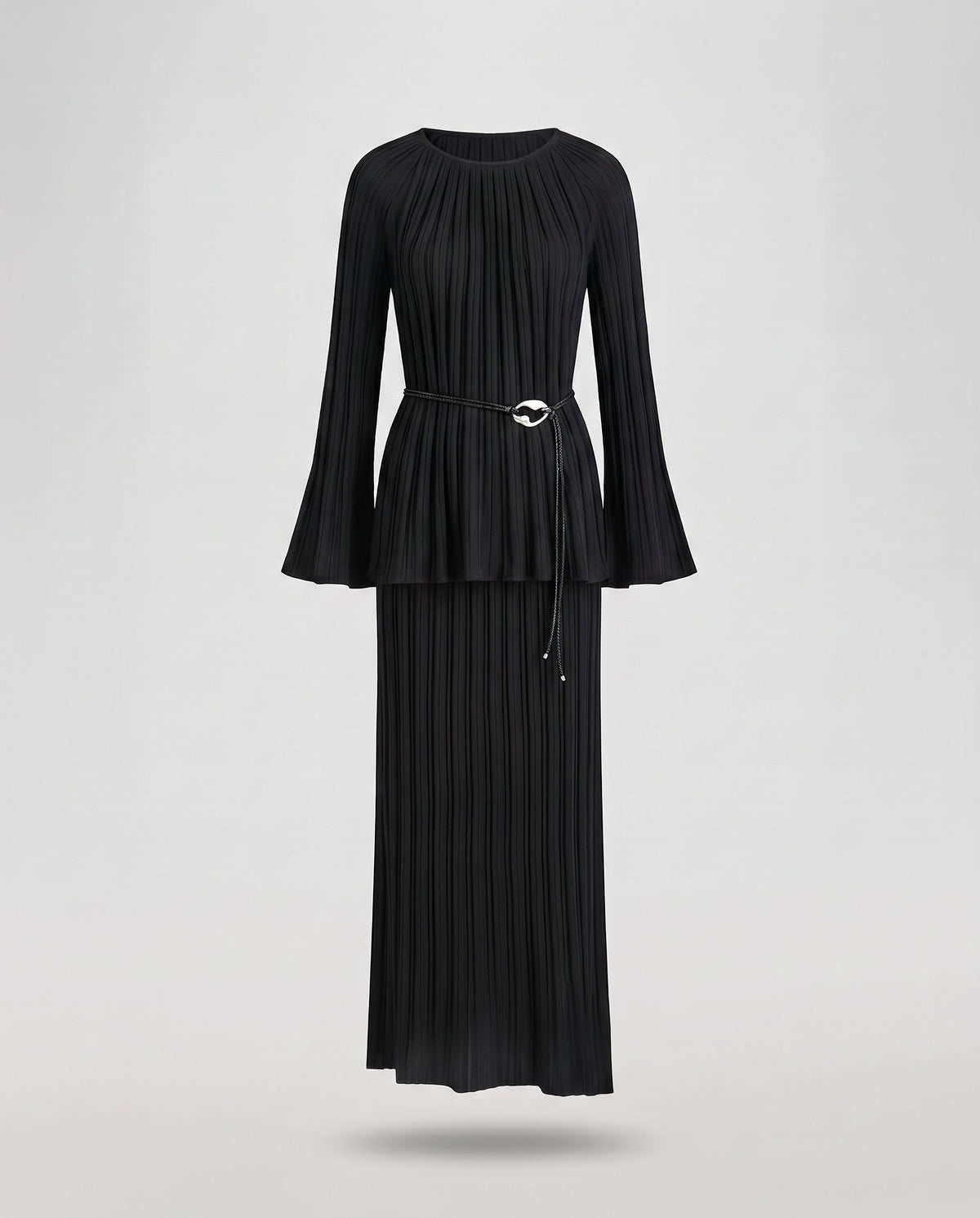 Women's Two-Piece Fine Knit Set with Pleated Peplum Top and Maxi Pleated Skirt Fashion Glam